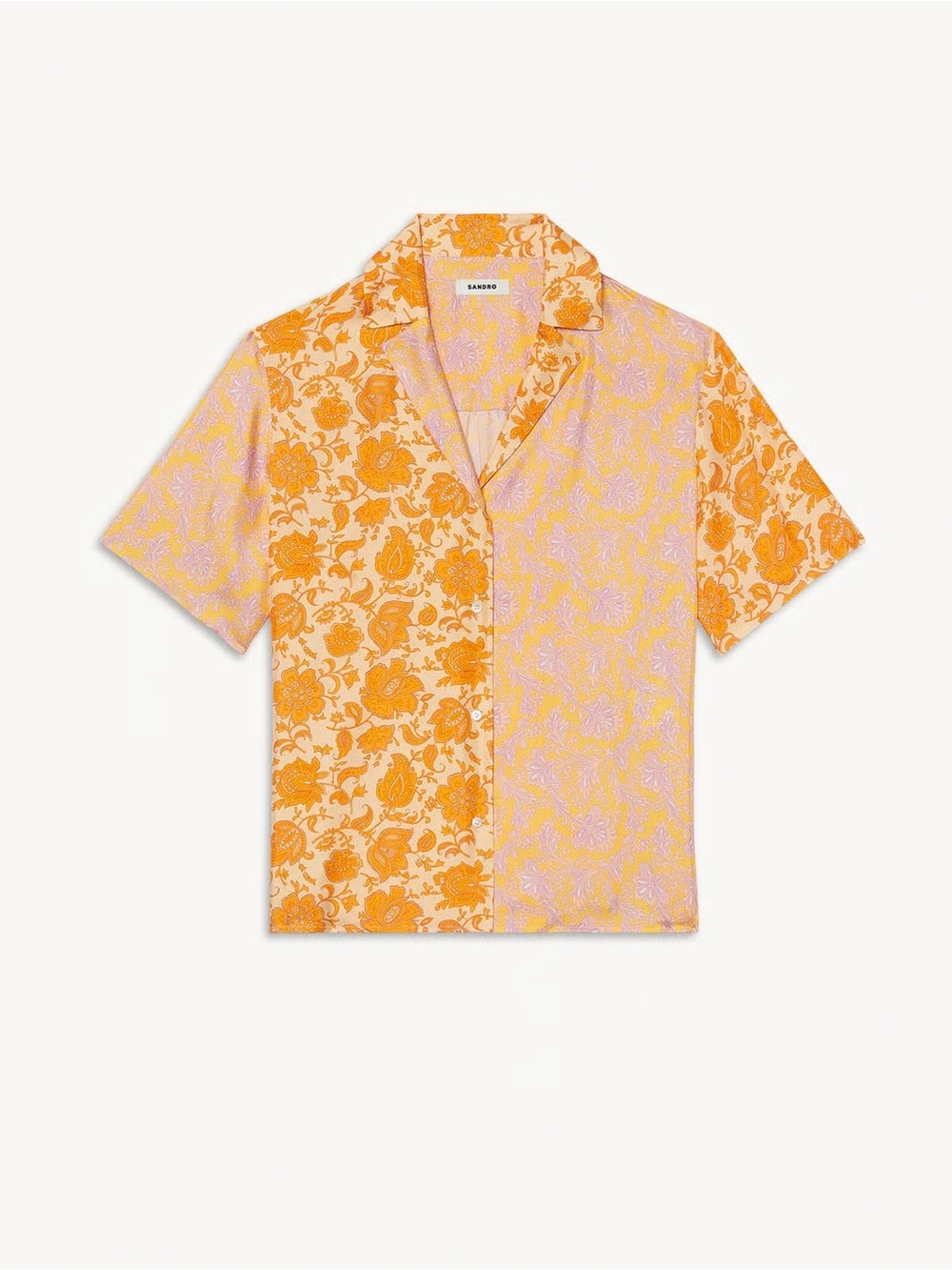 SANDRO orange floral mixed print short sleeve camp shirt / size S-M